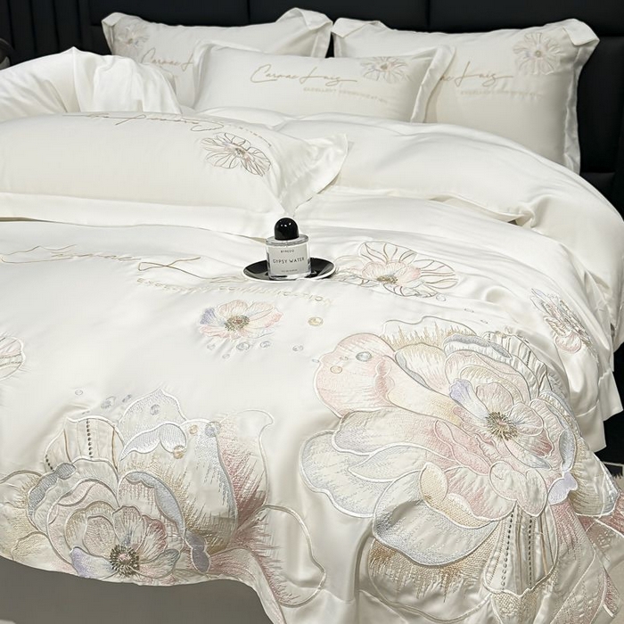 91家纺网 家纺一手货源 找家纺 欧乐蒂 2025新款水洗冰丝刺绣四件套-花颜 花颜-典雅白