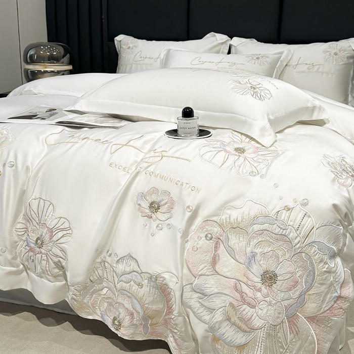 91家纺网 家纺一手货源 找家纺 欧乐蒂 2025新款水洗冰丝刺绣四件套-花颜 花颜-典雅白