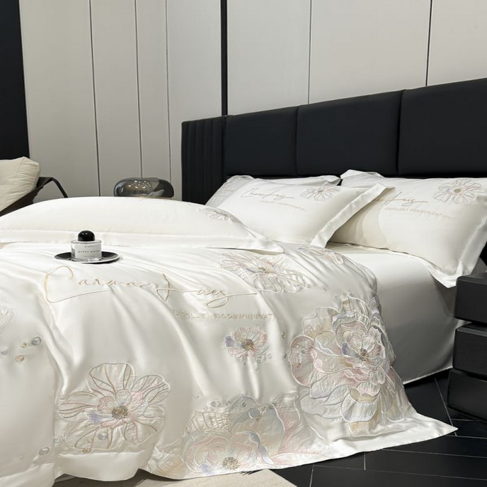 91家纺网 家纺一手货源 找家纺 欧乐蒂 2025新款水洗冰丝刺绣四件套-花颜 花颜-典雅白