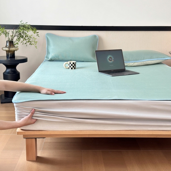 91家纺网 家纺一手货源 找家纺 乐居家纺 2025新款A类碳光抗菌凉感可水洗冰丝凉席席子床笠款 水绿