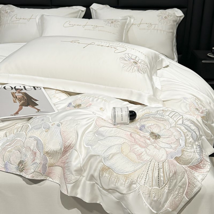 91家纺网 家纺一手货源 找家纺 欧乐蒂 2025新款水洗冰丝刺绣四件套-花颜 花颜-典雅白