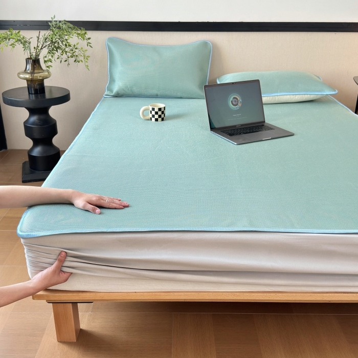 91家纺网 家纺一手货源 找家纺 乐居家纺 2025新款A类碳光抗菌凉感可水洗冰丝凉席席子床笠款 水绿