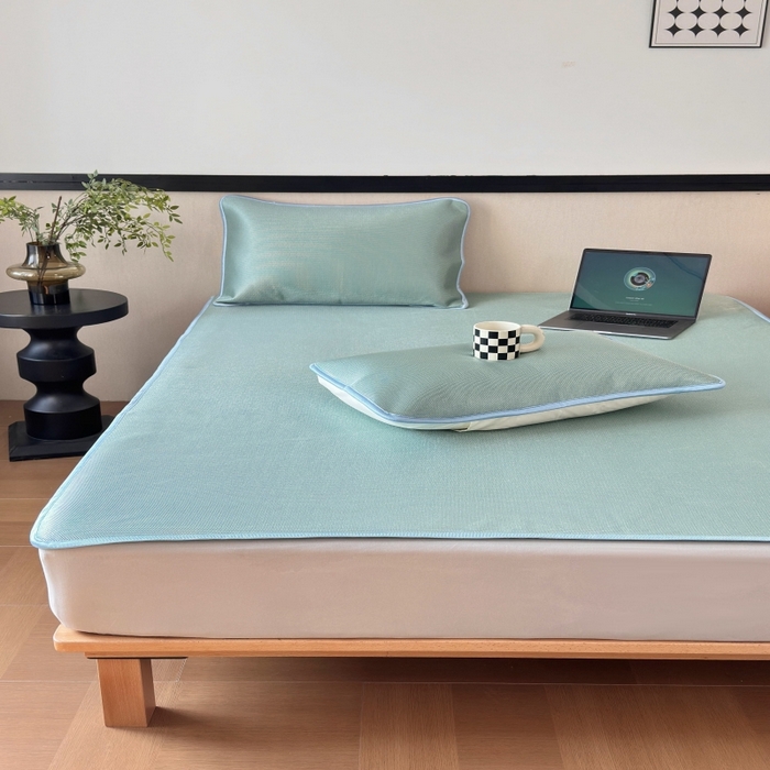 91家纺网 家纺一手货源 找家纺 乐居家纺 2025新款A类碳光抗菌凉感可水洗冰丝凉席席子床笠款 水绿