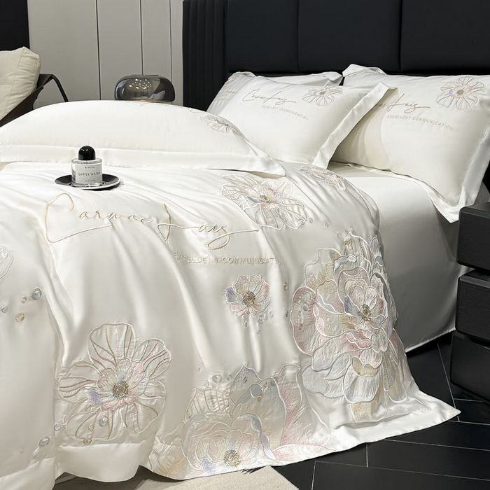 91家纺网 家纺一手货源 找家纺 欧乐蒂 2025新款水洗冰丝刺绣四件套-花颜 花颜-典雅白