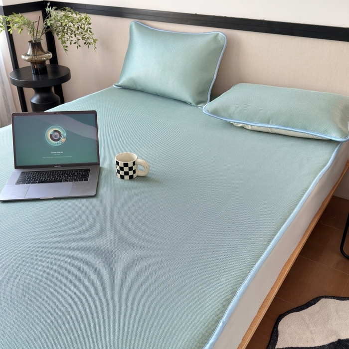 91家纺网 家纺一手货源 找家纺 乐居家纺 2025新款A类碳光抗菌凉感可水洗冰丝凉席席子床笠款 水绿