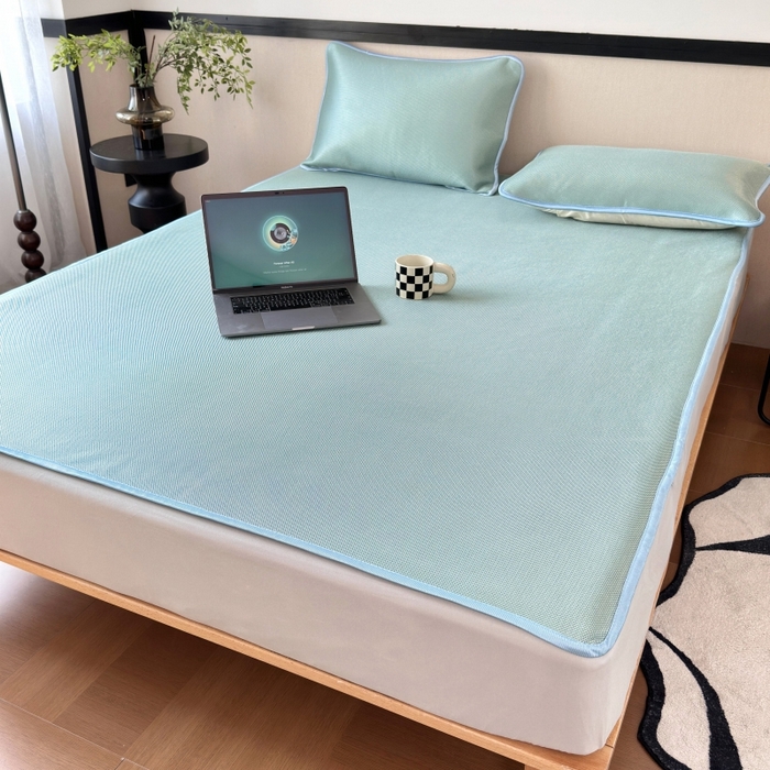 91家纺网 家纺一手货源 找家纺 乐居家纺 2025新款A类碳光抗菌凉感可水洗冰丝凉席席子床笠款 水绿