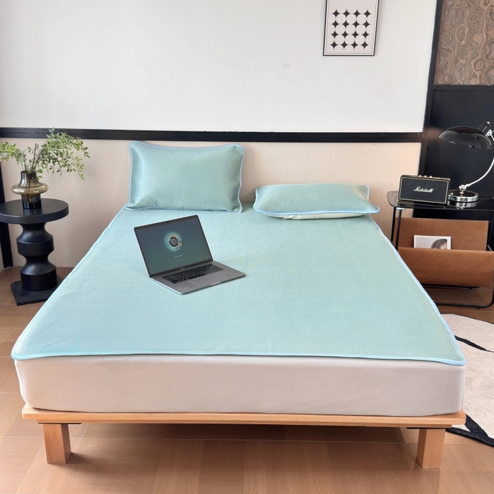 91家纺网 家纺一手货源 找家纺 乐居家纺 2025新款A类碳光抗菌凉感可水洗冰丝凉席席子床笠款 水绿