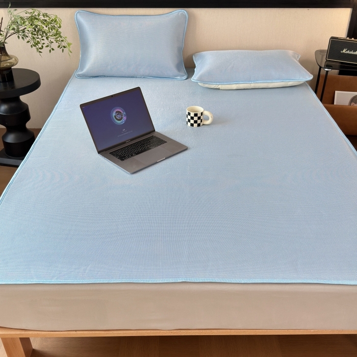 91家纺网 家纺一手货源 找家纺 乐居家纺 2025新款A类碳光抗菌凉感可水洗冰丝凉席席子床笠款 天空蓝