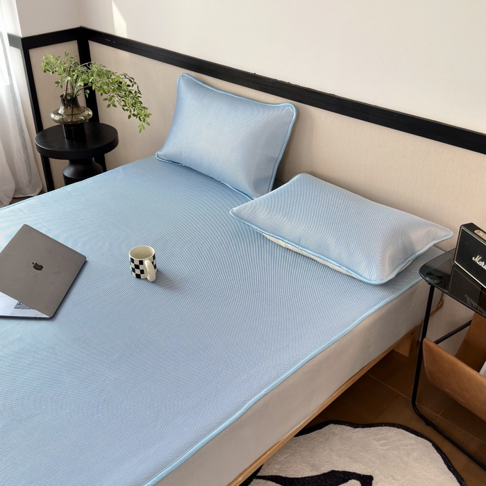 91家纺网 家纺一手货源 找家纺 乐居家纺 2025新款A类碳光抗菌凉感可水洗冰丝凉席席子床笠款 天空蓝