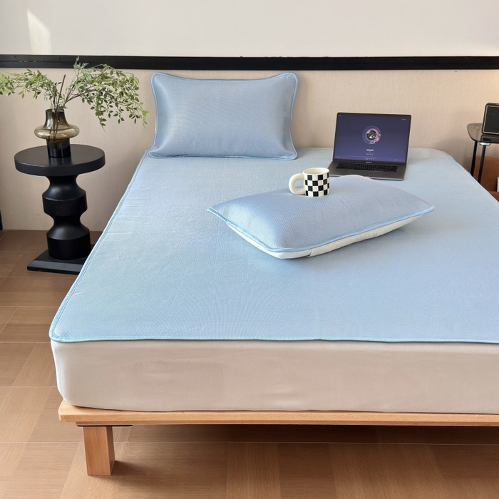 91家纺网 家纺一手货源 找家纺 乐居家纺 2025新款A类碳光抗菌凉感可水洗冰丝凉席席子床笠款 天空蓝