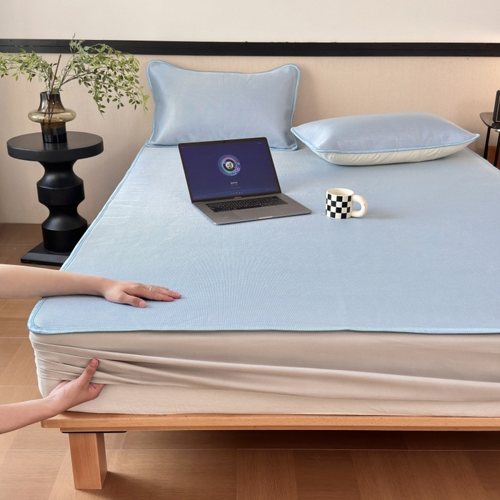 91家纺网 家纺一手货源 找家纺 乐居家纺 2025新款A类碳光抗菌凉感可水洗冰丝凉席席子床笠款 天空蓝