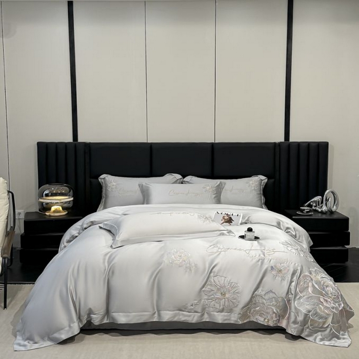 91家纺网 家纺一手货源 找家纺 欧乐蒂 2025新款水洗冰丝刺绣四件套-花颜 花颜-高级灰