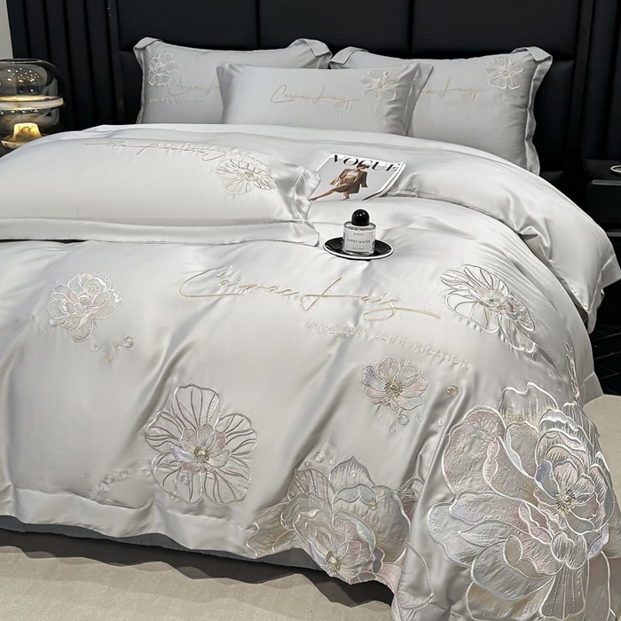 91家纺网 家纺一手货源 找家纺 欧乐蒂 2025新款水洗冰丝刺绣四件套-花颜 花颜-高级灰