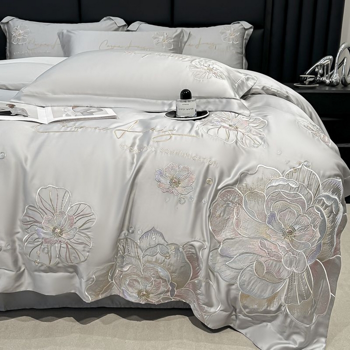 91家纺网 家纺一手货源 找家纺 欧乐蒂 2025新款水洗冰丝刺绣四件套-花颜 花颜-高级灰