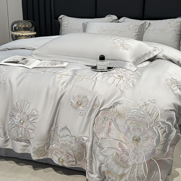 91家纺网 家纺一手货源 找家纺 欧乐蒂 2025新款水洗冰丝刺绣四件套-花颜 花颜-高级灰