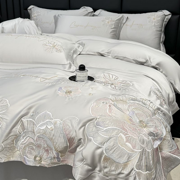 91家纺网 家纺一手货源 找家纺 欧乐蒂 2025新款水洗冰丝刺绣四件套-花颜 花颜-高级灰