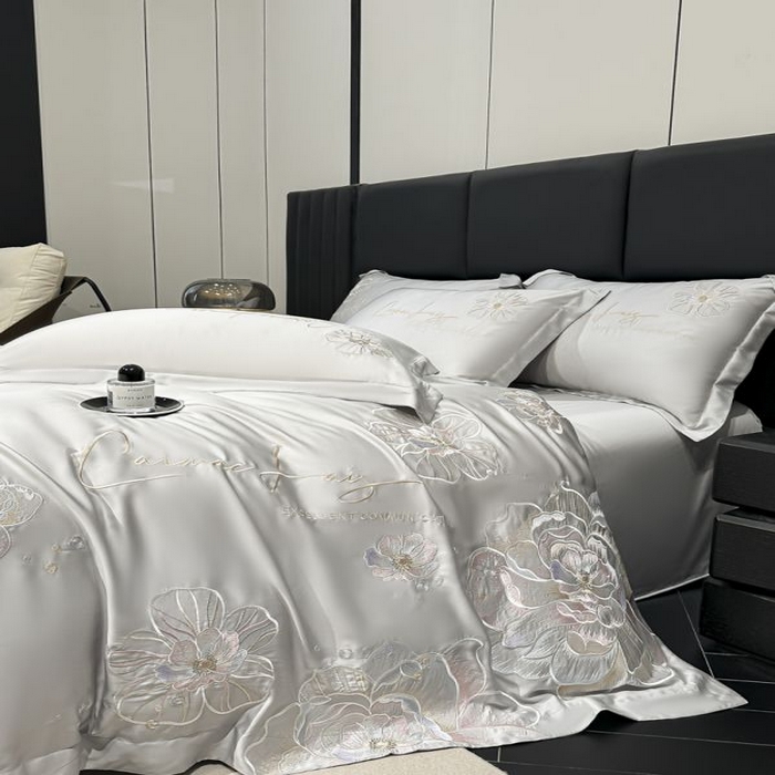 91家纺网 家纺一手货源 找家纺 欧乐蒂 2025新款水洗冰丝刺绣四件套-花颜 花颜-高级灰