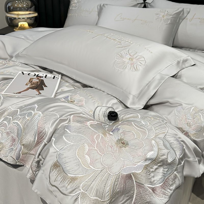 91家纺网 家纺一手货源 找家纺 欧乐蒂 2025新款水洗冰丝刺绣四件套-花颜 花颜-高级灰