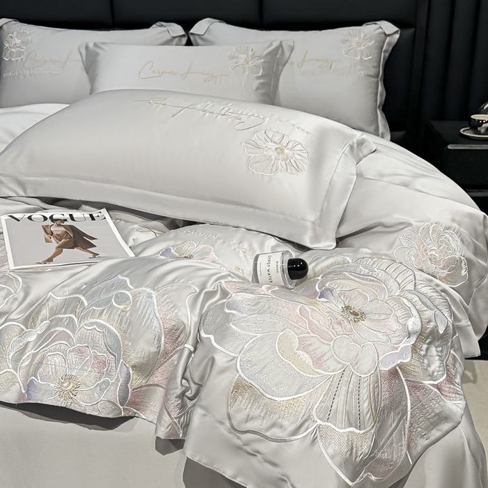 91家纺网 家纺一手货源 找家纺 欧乐蒂 2025新款水洗冰丝刺绣四件套-花颜 花颜-高级灰