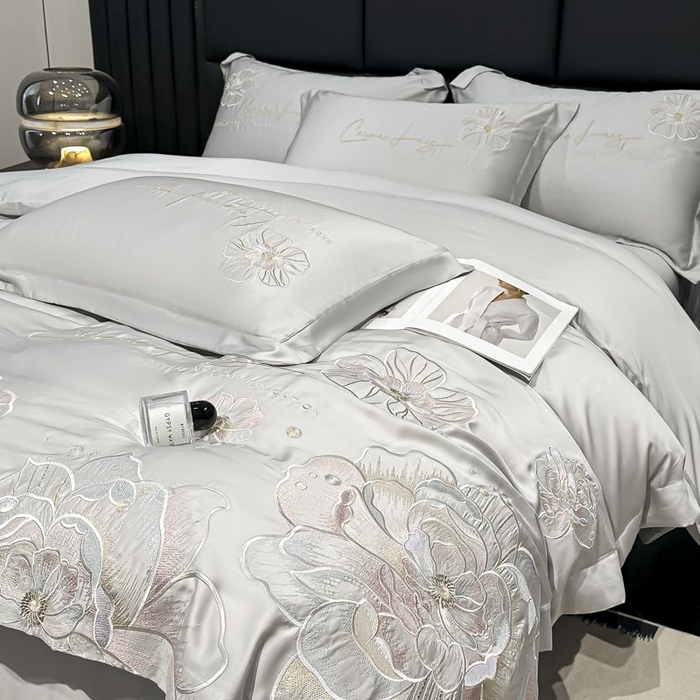 91家纺网 家纺一手货源 找家纺 欧乐蒂 2025新款水洗冰丝刺绣四件套-花颜 花颜-高级灰