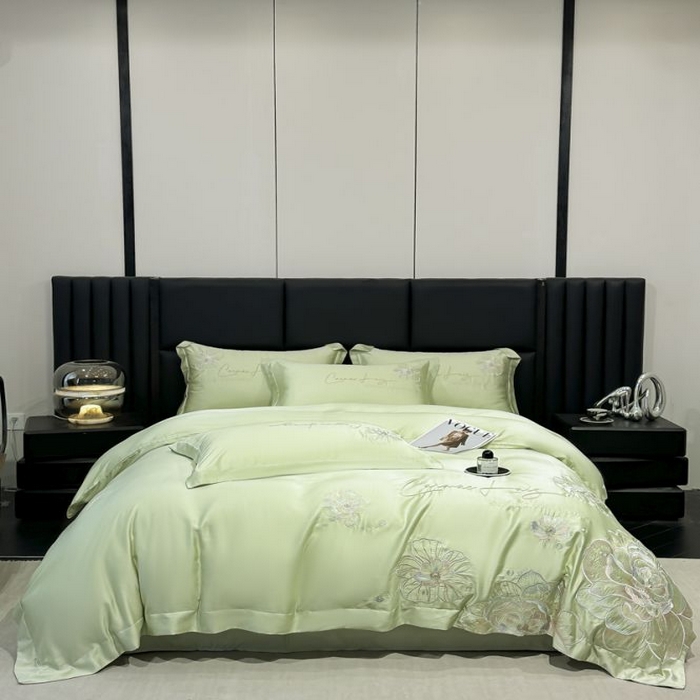 91家纺网 家纺一手货源 找家纺 欧乐蒂 2025新款水洗冰丝刺绣四件套-花颜 花颜-抹茶绿