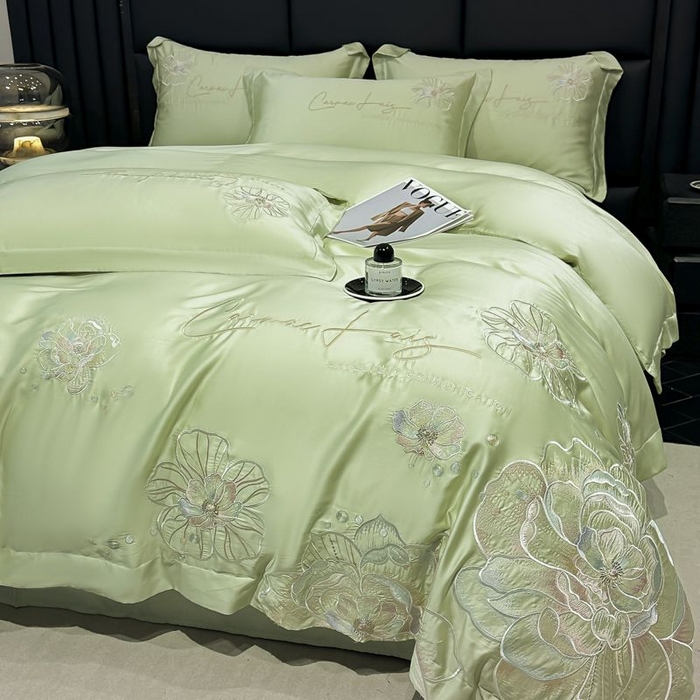 91家纺网 家纺一手货源 找家纺 欧乐蒂 2025新款水洗冰丝刺绣四件套-花颜 花颜-抹茶绿