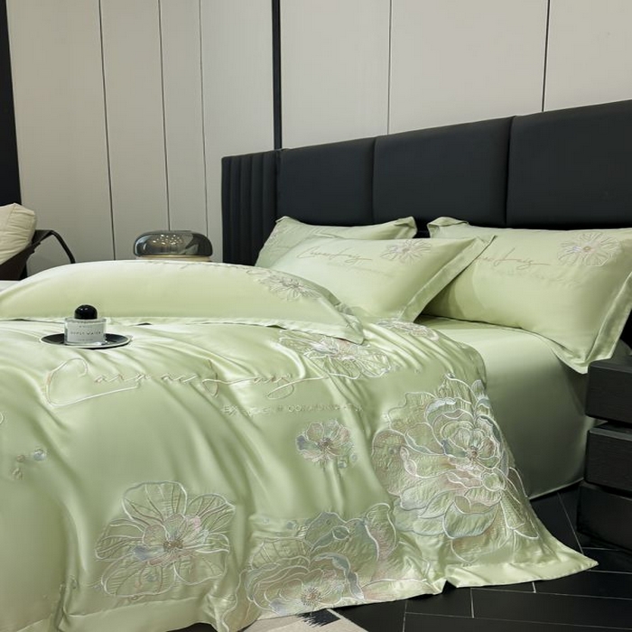 91家纺网 家纺一手货源 找家纺 欧乐蒂 2025新款水洗冰丝刺绣四件套-花颜 花颜-抹茶绿