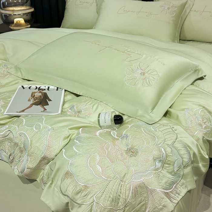 91家纺网 家纺一手货源 找家纺 欧乐蒂 2025新款水洗冰丝刺绣四件套-花颜 花颜-抹茶绿