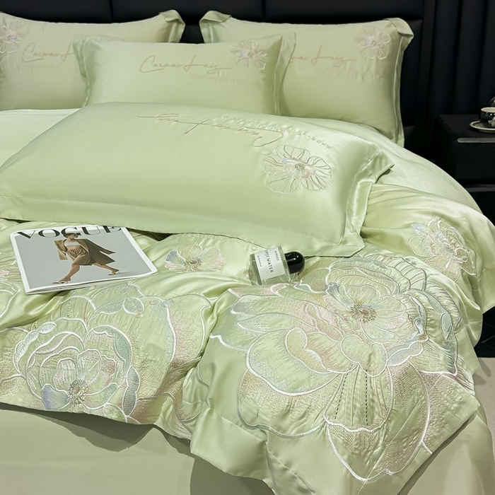 91家纺网 家纺一手货源 找家纺 欧乐蒂 2025新款水洗冰丝刺绣四件套-花颜 花颜-抹茶绿