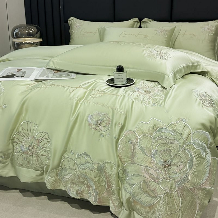 91家纺网 家纺一手货源 找家纺 欧乐蒂 2025新款水洗冰丝刺绣四件套-花颜 花颜-抹茶绿