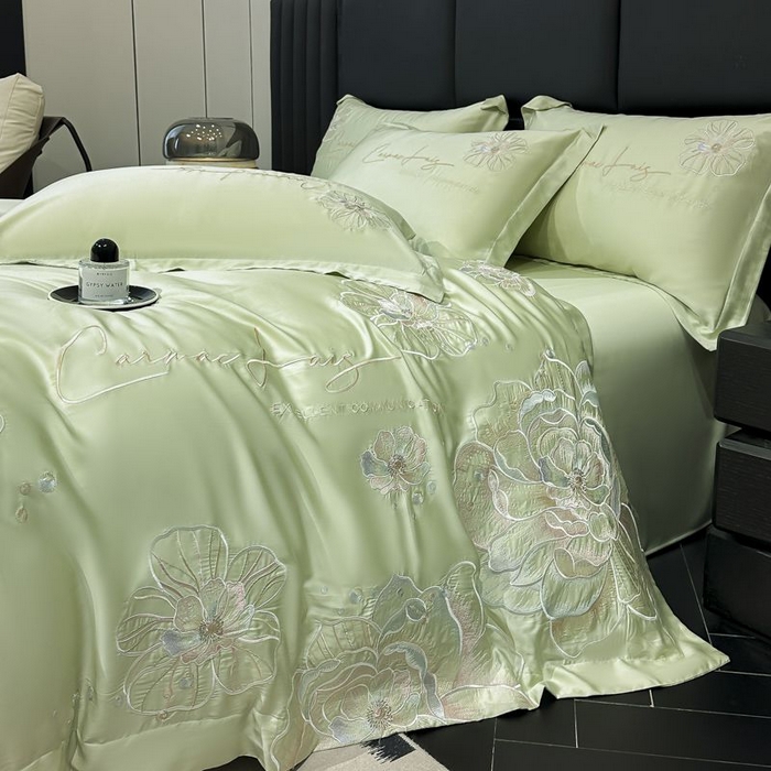 91家纺网 家纺一手货源 找家纺 欧乐蒂 2025新款水洗冰丝刺绣四件套-花颜 花颜-抹茶绿
