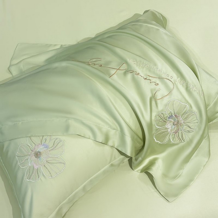 91家纺网 家纺一手货源 找家纺 欧乐蒂 2025新款水洗冰丝刺绣四件套-花颜 花颜-抹茶绿