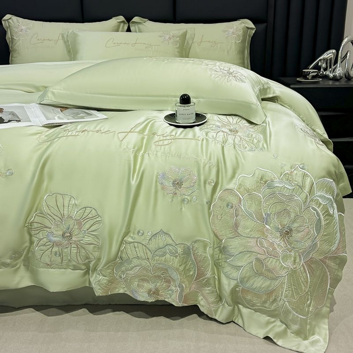 91家纺网 家纺一手货源 找家纺 欧乐蒂 2025新款水洗冰丝刺绣四件套-花颜 花颜-抹茶绿