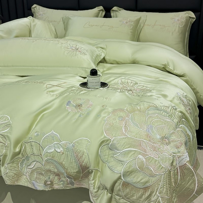 91家纺网 家纺一手货源 找家纺 欧乐蒂 2025新款水洗冰丝刺绣四件套-花颜 花颜-抹茶绿