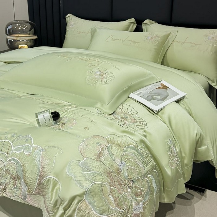 91家纺网 家纺一手货源 找家纺 欧乐蒂 2025新款水洗冰丝刺绣四件套-花颜 花颜-抹茶绿