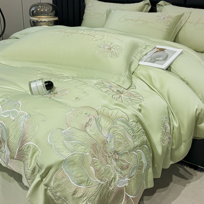 91家纺网 家纺一手货源 找家纺 欧乐蒂 2025新款水洗冰丝刺绣四件套-花颜 花颜-抹茶绿