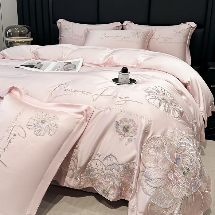 欧乐蒂 2025新款水洗冰丝刺绣四件套-花颜 花颜-雅粉