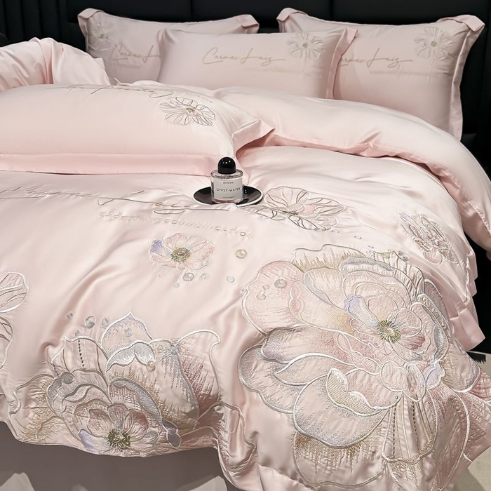 91家纺网 家纺一手货源 找家纺 欧乐蒂 2025新款水洗冰丝刺绣四件套-花颜 花颜-雅粉