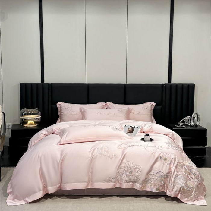 91家纺网 家纺一手货源 找家纺 欧乐蒂 2025新款水洗冰丝刺绣四件套-花颜 花颜-雅粉