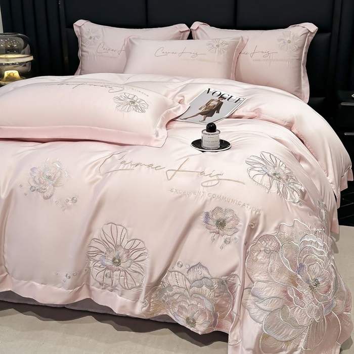 91家纺网 家纺一手货源 找家纺 欧乐蒂 2025新款水洗冰丝刺绣四件套-花颜 花颜-雅粉