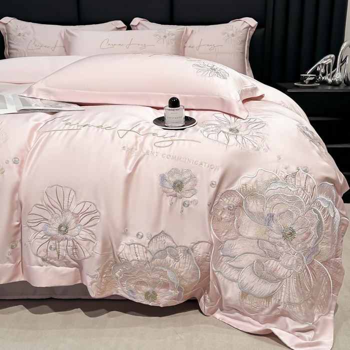 91家纺网 家纺一手货源 找家纺 欧乐蒂 2025新款水洗冰丝刺绣四件套-花颜 花颜-雅粉