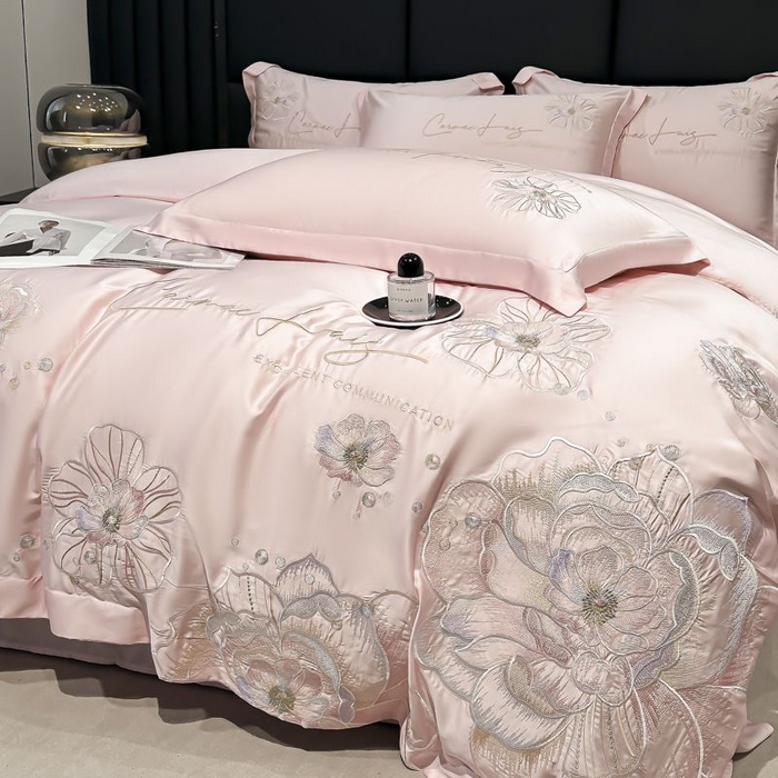 91家纺网 家纺一手货源 找家纺 欧乐蒂 2025新款水洗冰丝刺绣四件套-花颜 花颜-雅粉