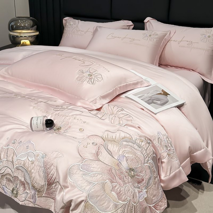 91家纺网 家纺一手货源 找家纺 欧乐蒂 2025新款水洗冰丝刺绣四件套-花颜 花颜-雅粉