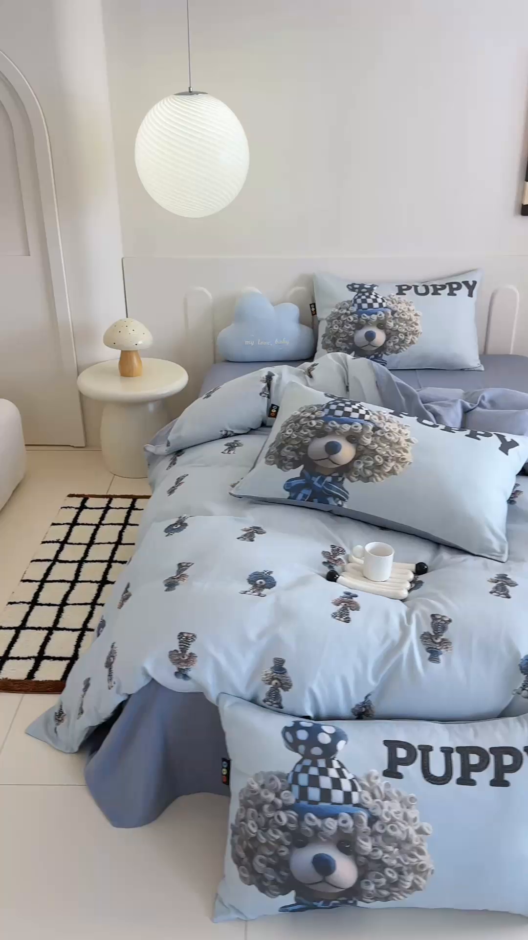 91家纺网 家纺一手货源 找家纺 RYB红黄兰 2025新款ins卡通5D立体数码全棉纯棉有氧双层纱四件套系列 雾蓝小狗