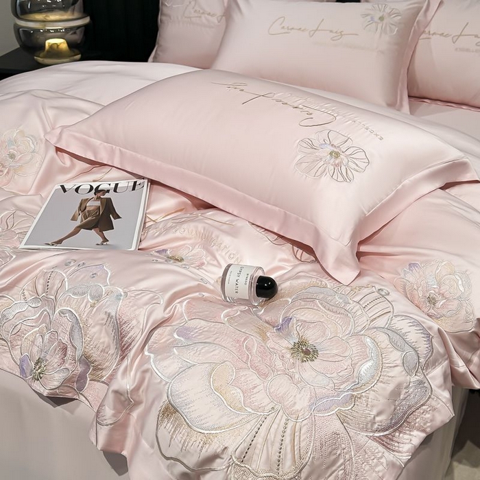 91家纺网 家纺一手货源 找家纺 欧乐蒂 2025新款水洗冰丝刺绣四件套-花颜 花颜-雅粉