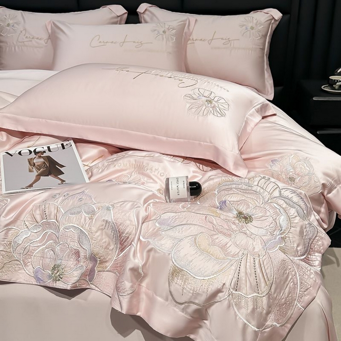 91家纺网 家纺一手货源 找家纺 欧乐蒂 2025新款水洗冰丝刺绣四件套-花颜 花颜-雅粉