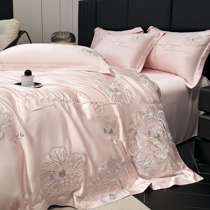 91家纺网 家纺一手货源 找家纺 欧乐蒂 2025新款水洗冰丝刺绣四件套-花颜 花颜-雅粉