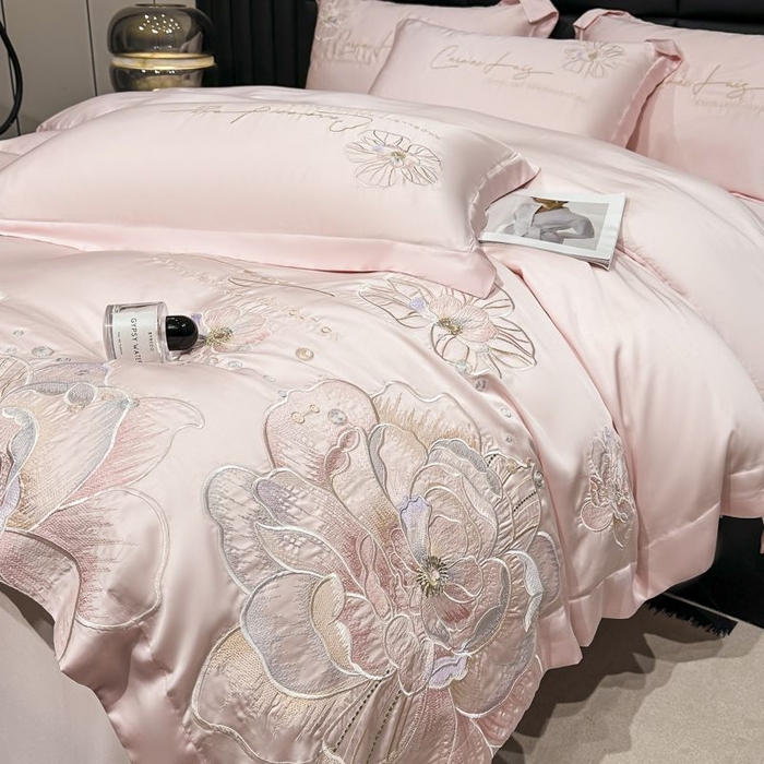 91家纺网 家纺一手货源 找家纺 欧乐蒂 2025新款水洗冰丝刺绣四件套-花颜 花颜-雅粉