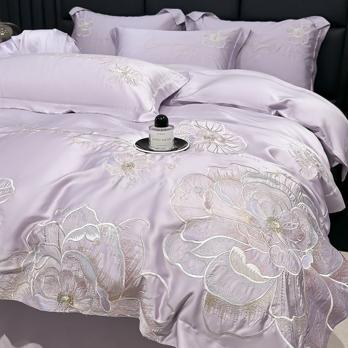 91家纺网 家纺一手货源 找家纺 欧乐蒂 2025新款水洗冰丝刺绣四件套-花颜 花颜-芋紫