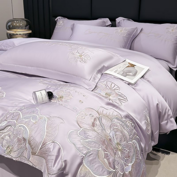 91家纺网 家纺一手货源 找家纺 欧乐蒂 2025新款水洗冰丝刺绣四件套-花颜 花颜-芋紫